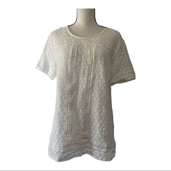 Badgley Mischka Lace Short Sleeve Pullover Top, Size L - Picture 2 of 10